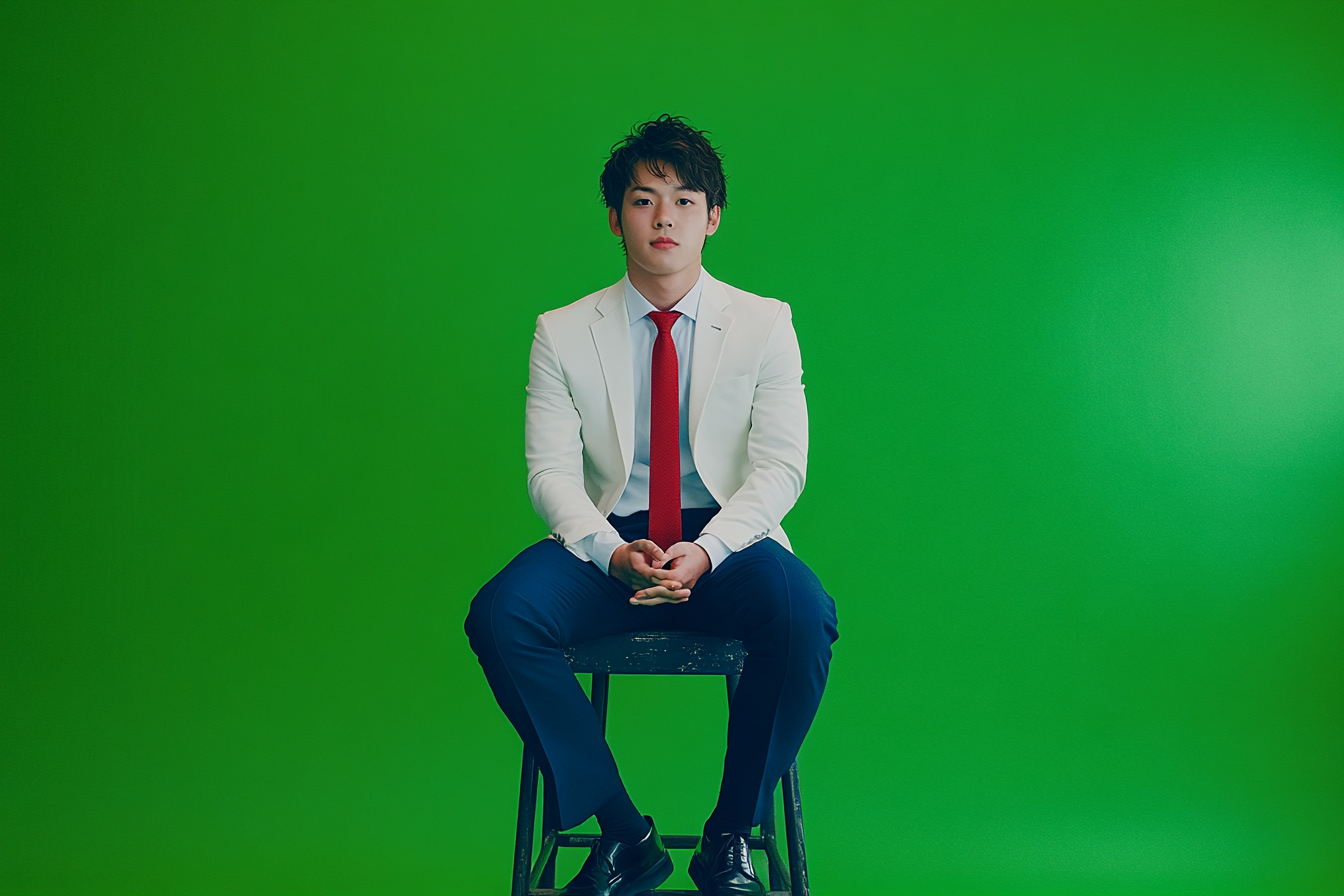 Japanese man in 20s, confident in stylish outfit, sitting.