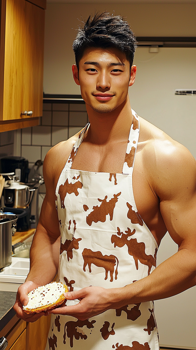 Japanese man in cow print apron offering twinkie.