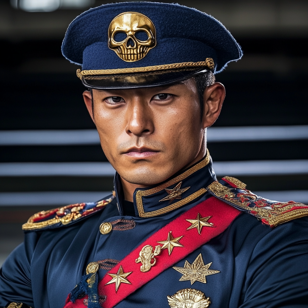 Japanese man in military uniform with navy hat.