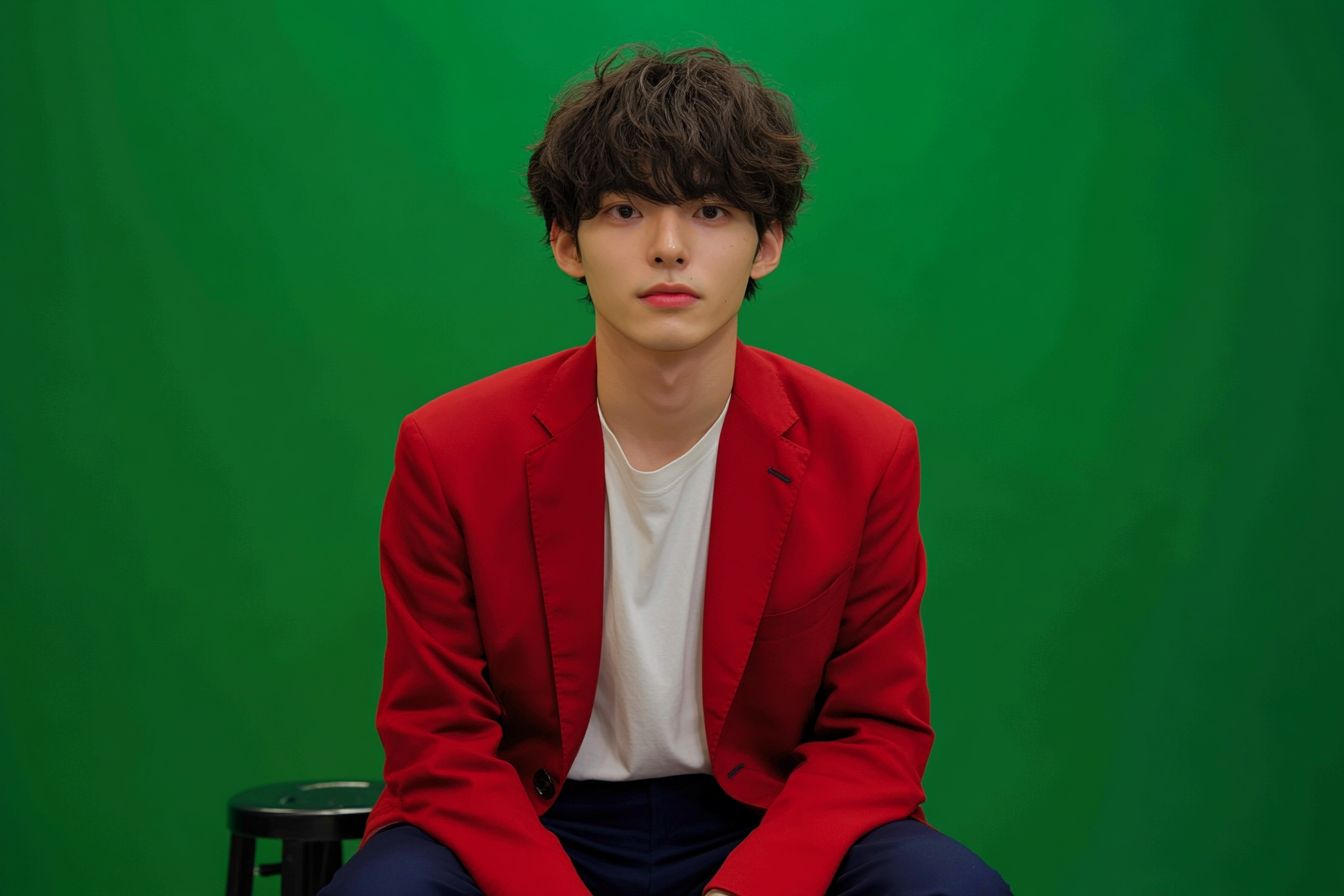 Japanese man in navy trousers & red blazer, smiling.