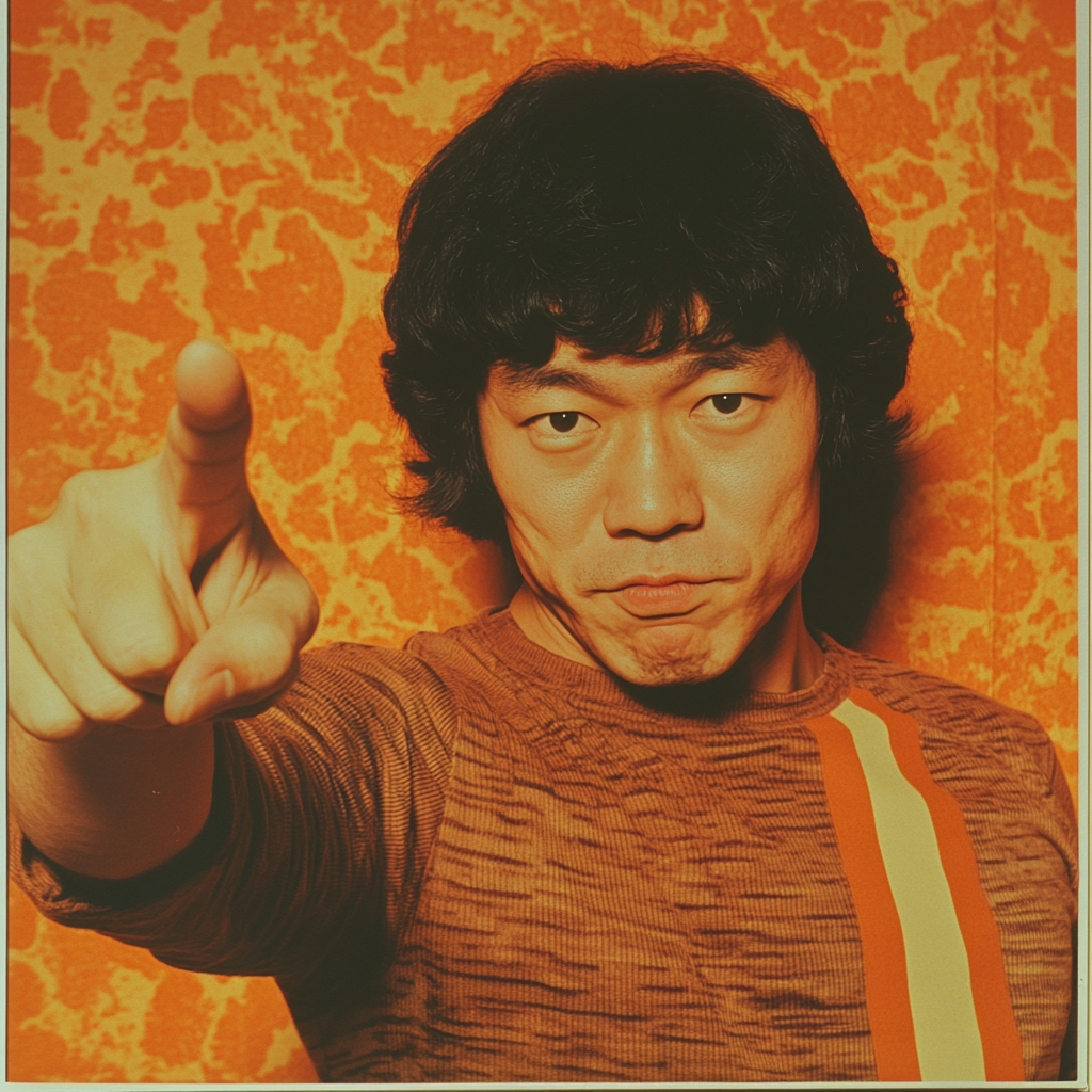 Japanese man in striped shirt doing hand sign