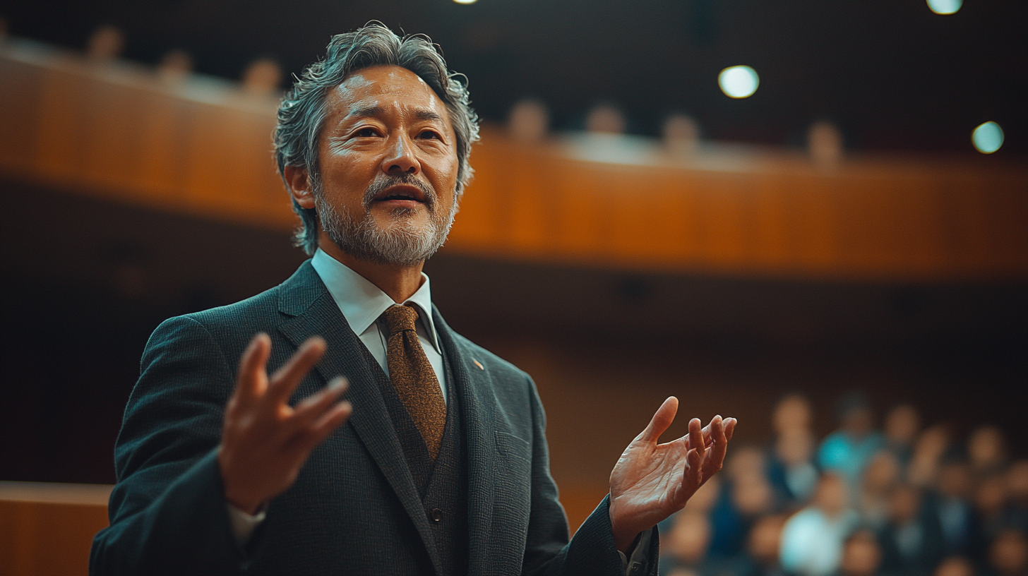 Japanese man in suit giving presentation on stage.