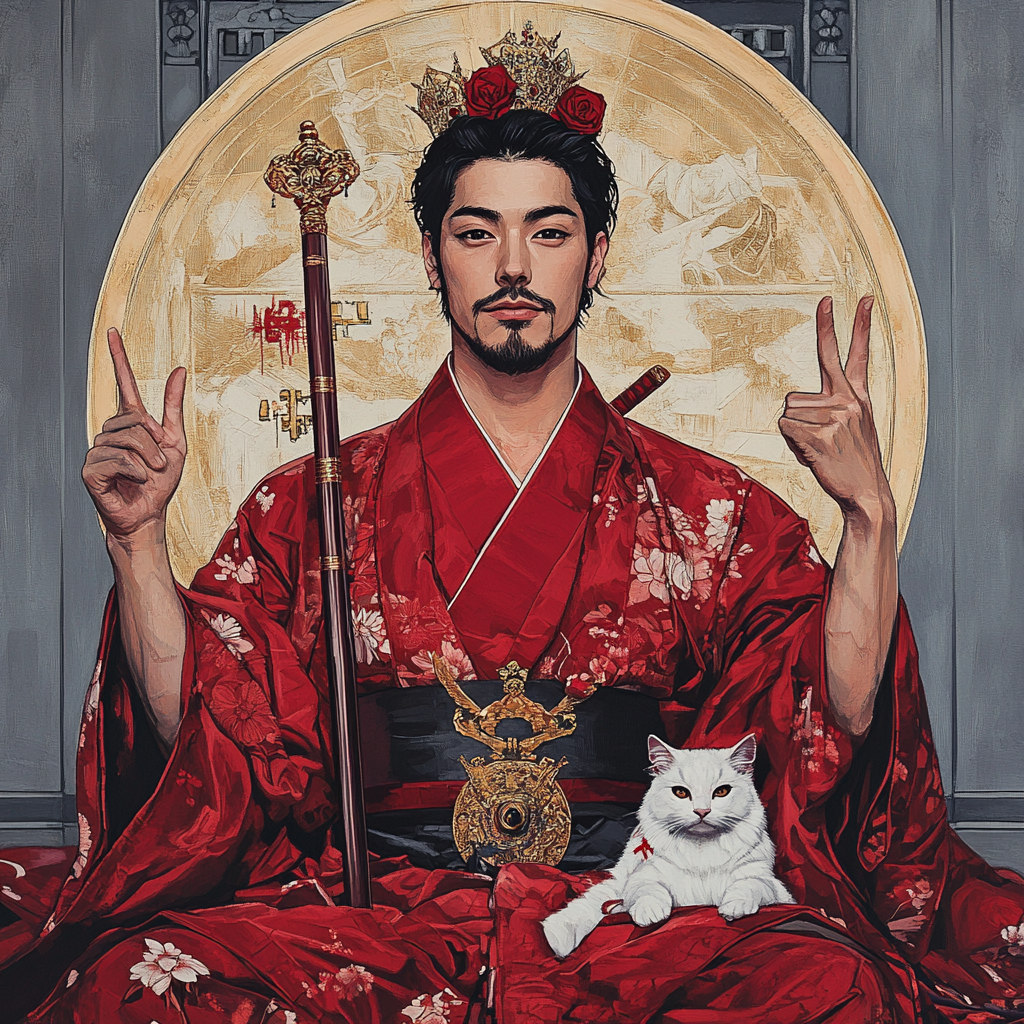 Japanese man sits in kimono with cats and staff