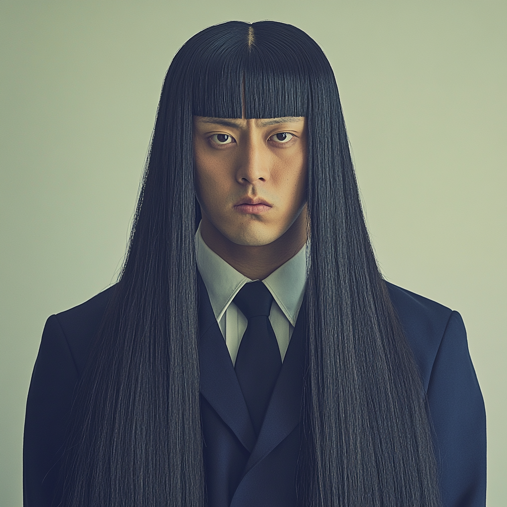 Japanese man with 2m tall hair in school uniform