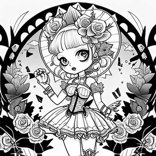 Japanese manga magical girl with Mexican flora coloring page.