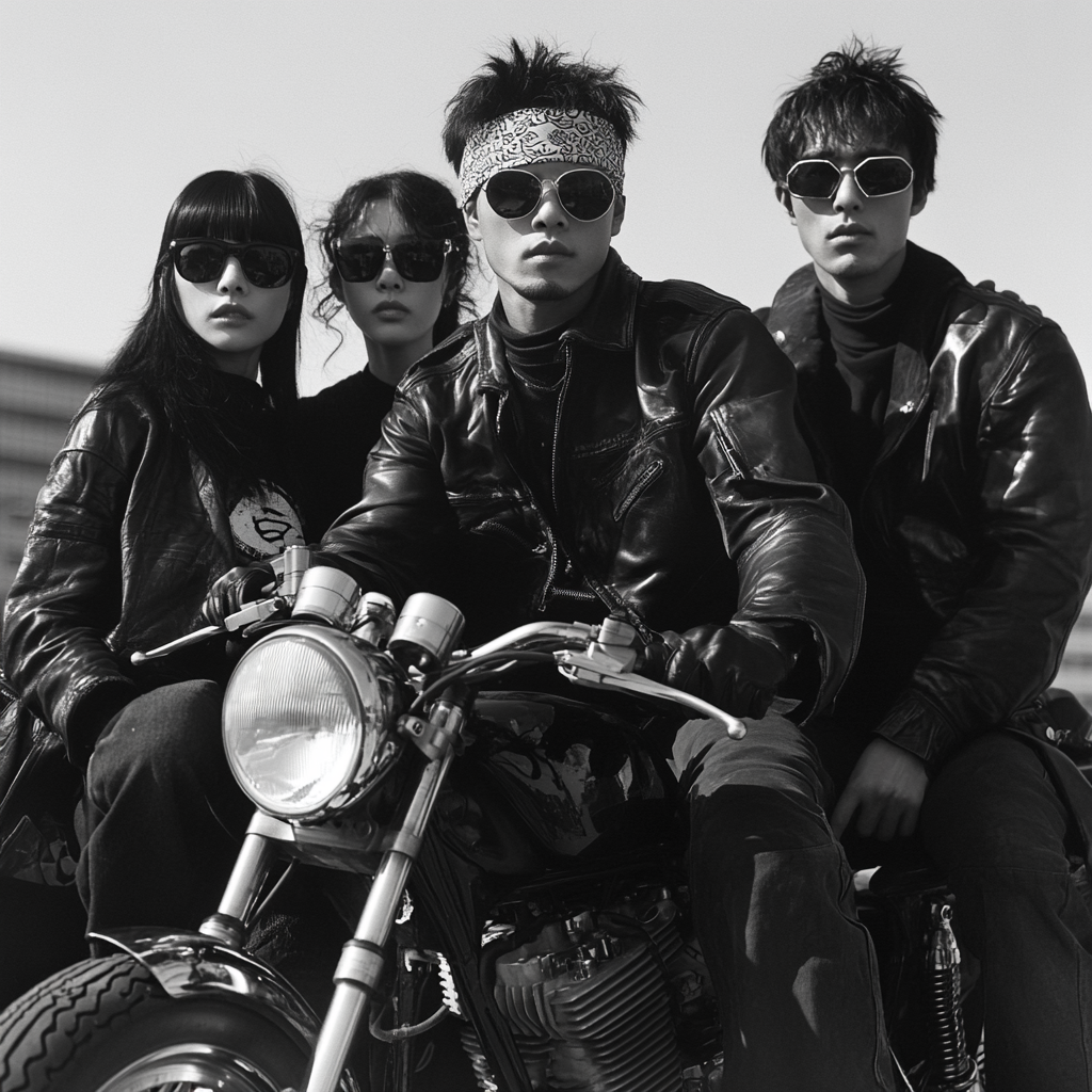 Japanese men and women in black leather outfit posing.