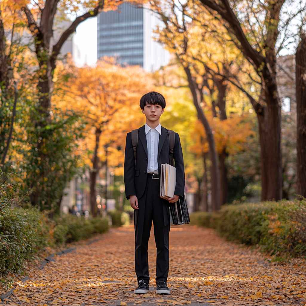 Japanese middle school student in city during autumn