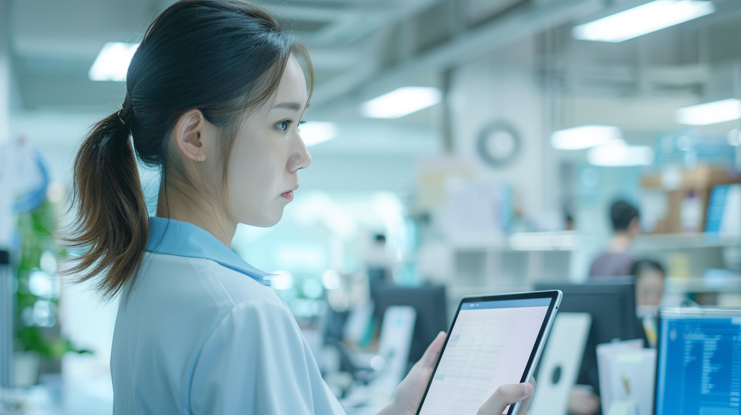 Japanese office woman with tablet and monitor, caregiver shot.