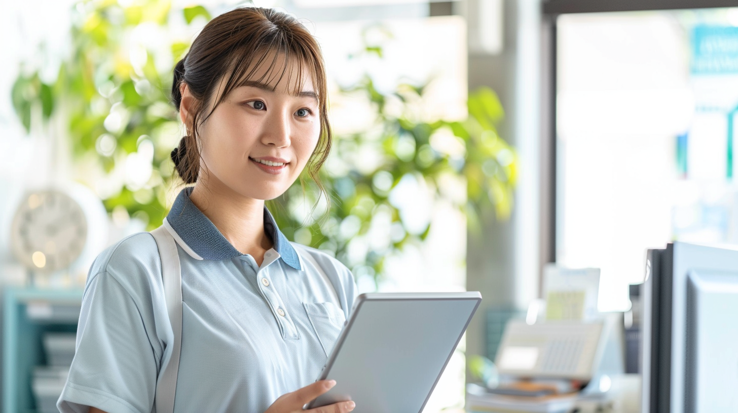 Japanese office worker with blue polo shirt, using tablet.