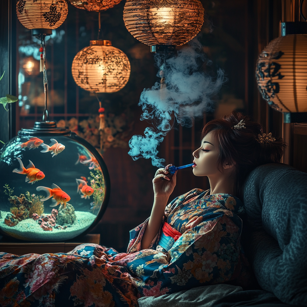 Japanese oiran woman on sofa with smoke pipe in dark room