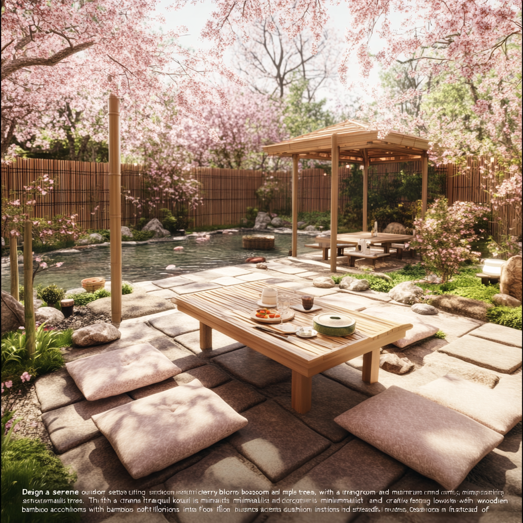 Japanese outdoor setting with cherry blossom, koi pond, minimalist furniture.