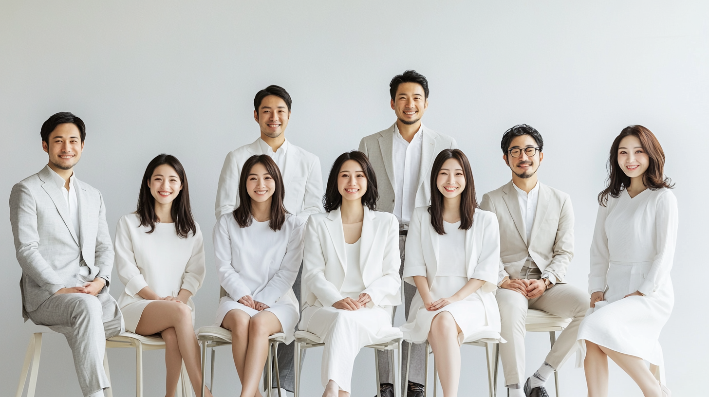 Japanese professionals in stylish attire smiling for group photo.