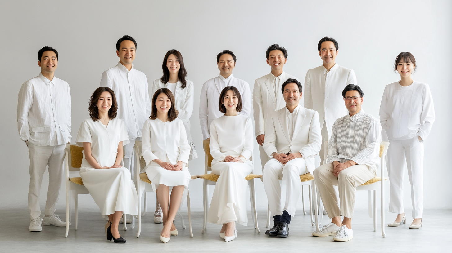 Japanese professionals in stylish white attire pose happily together.