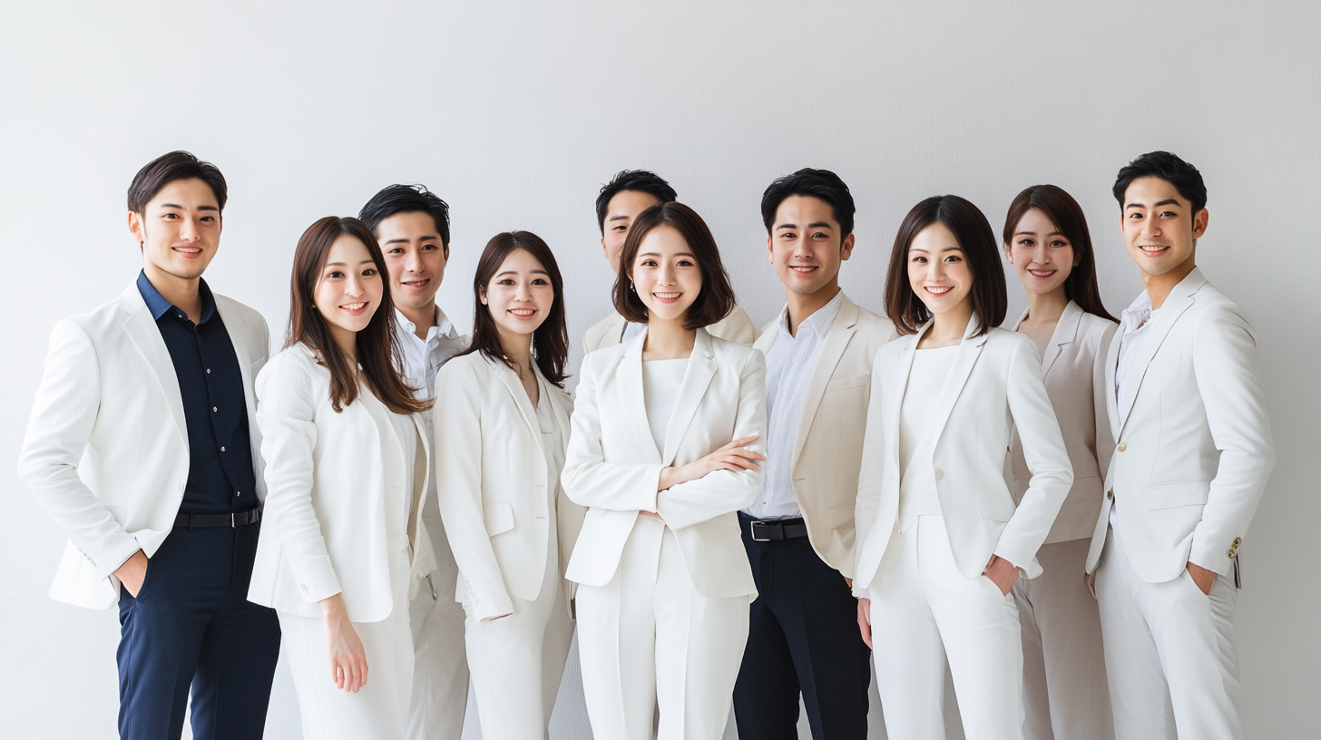 Japanese professionals in white suits and dresses pose together.