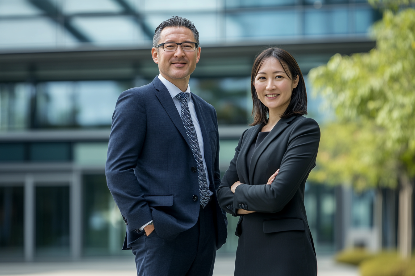 Japanese professionals standing outside modern company building