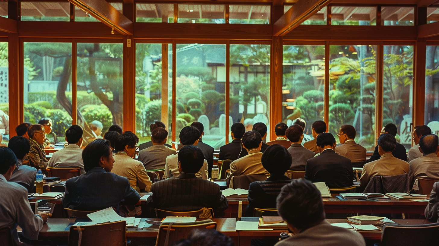 Japanese resort auditorium filled with pastors in discussion and debate.