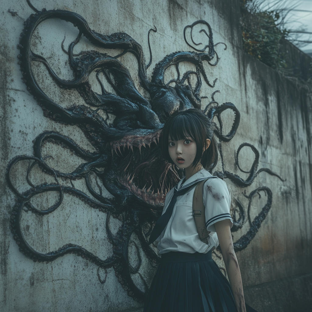 Japanese schoolgirl with tentacles and sharp teeth emerges