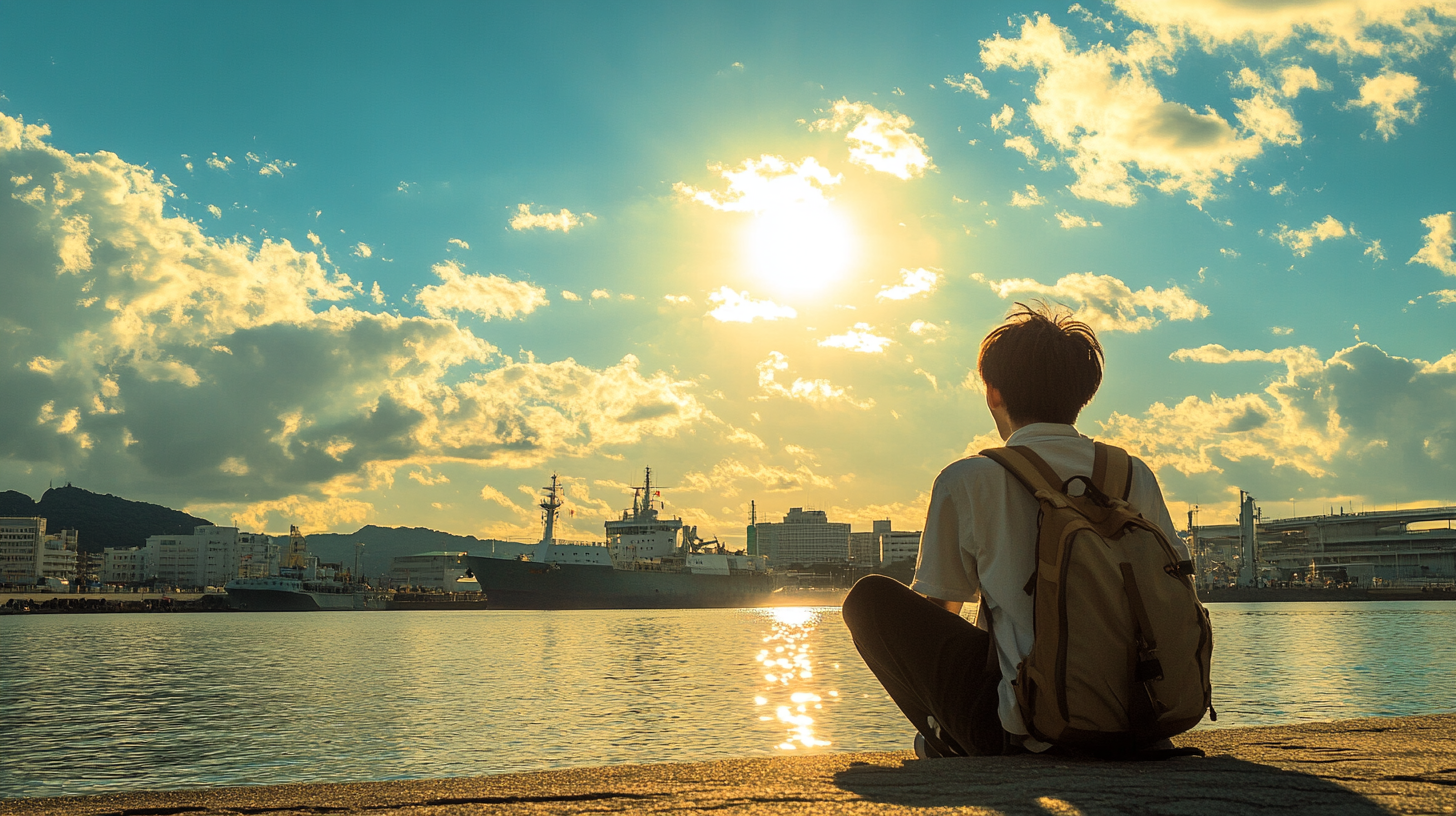 Japanese student hopeful by Nagasaki harbor, backpack under sunset glow.