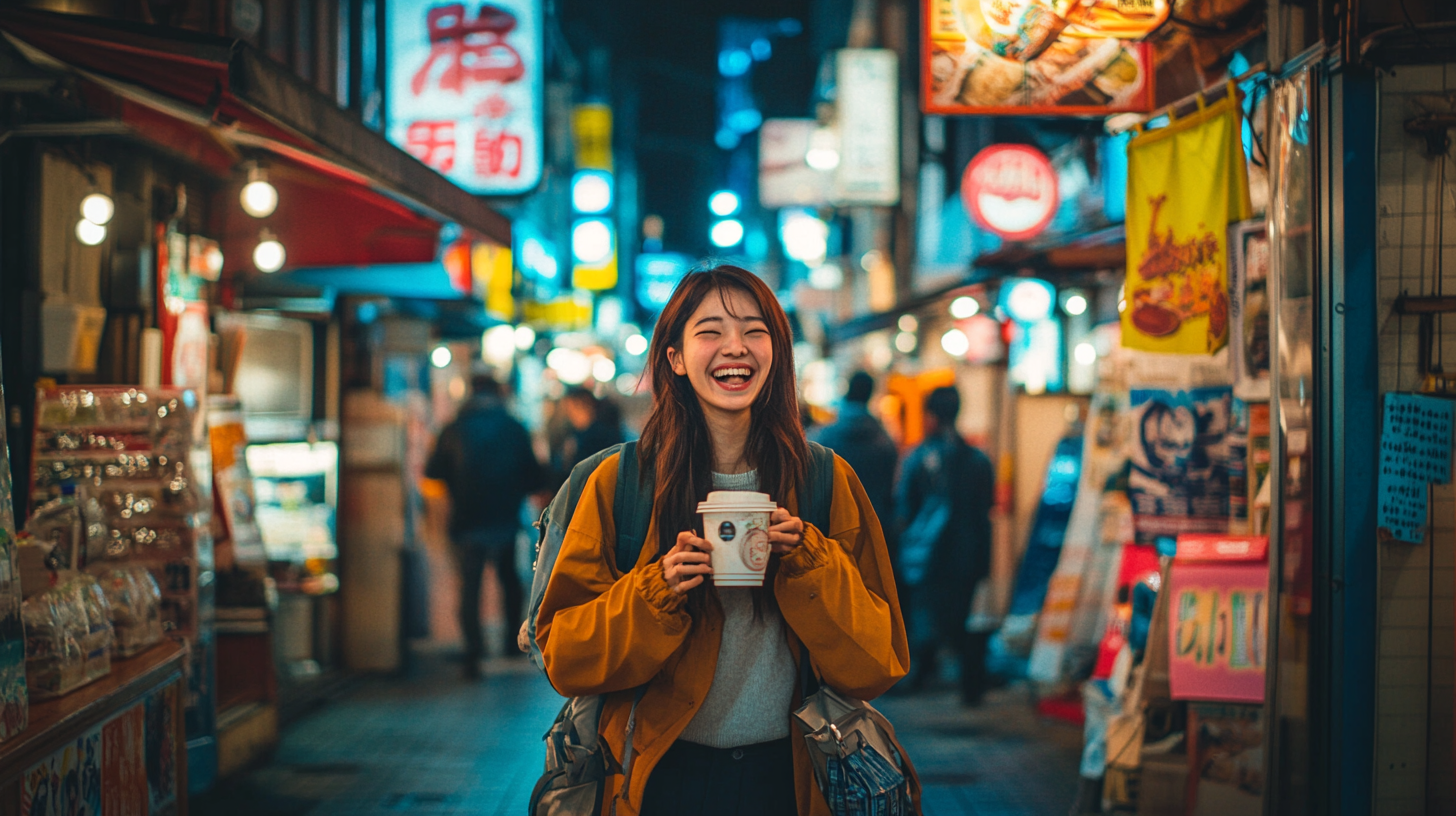 Japanese student laughing in Nagasaki, holding coffee cup.