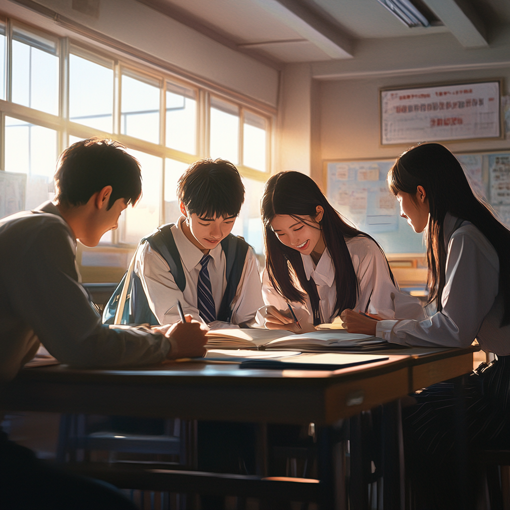 Japanese student studying with teachers in bright classroom.