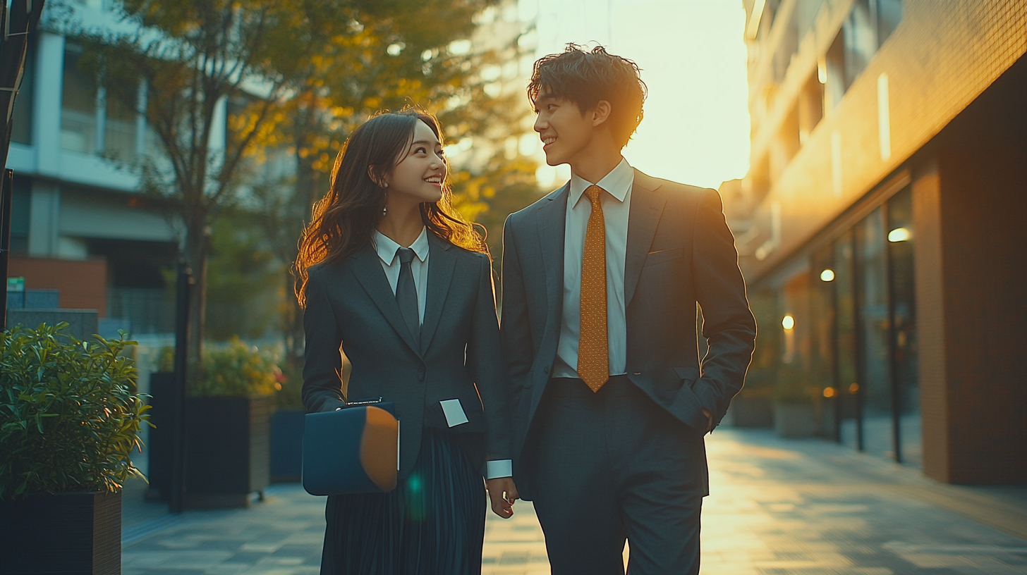 Japanese students in suits walking, one holding laptop, talking.