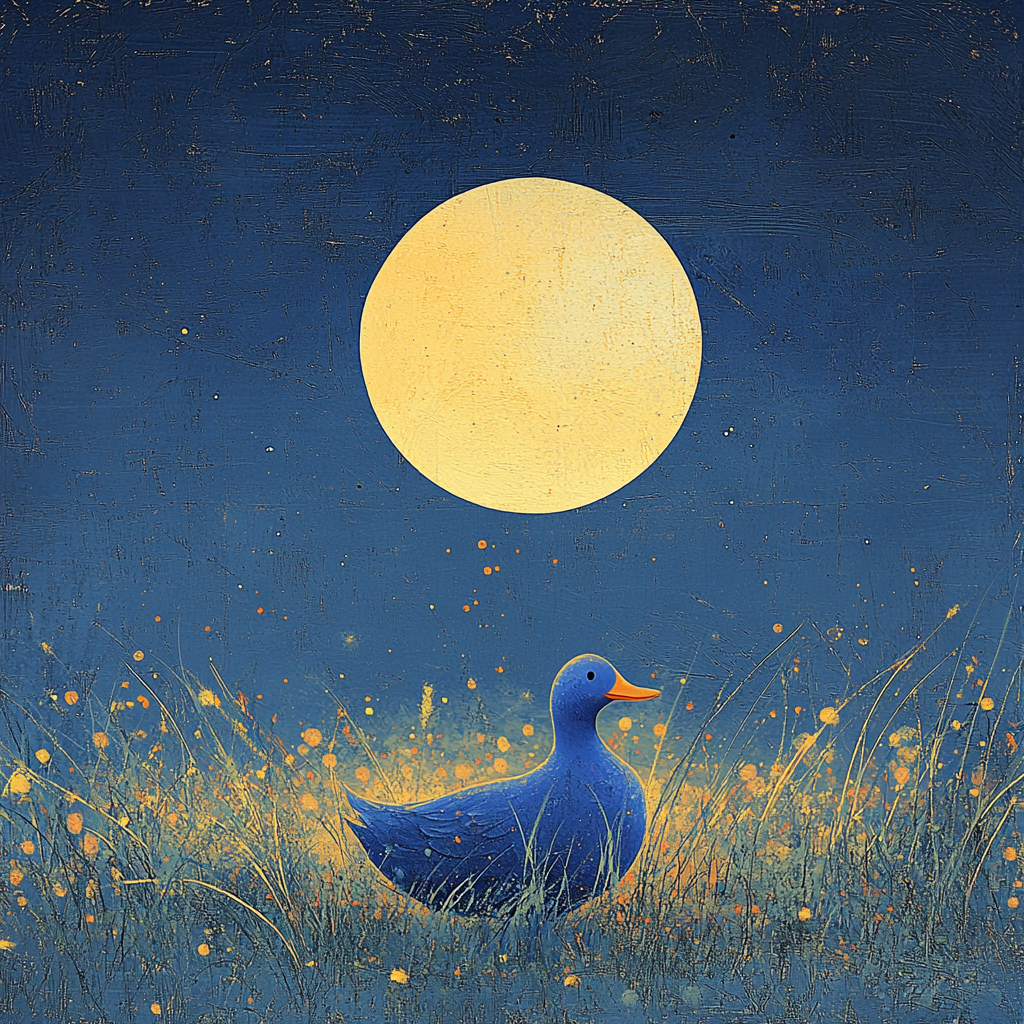 Japanese style card with moon, duck on grassland, midnight.