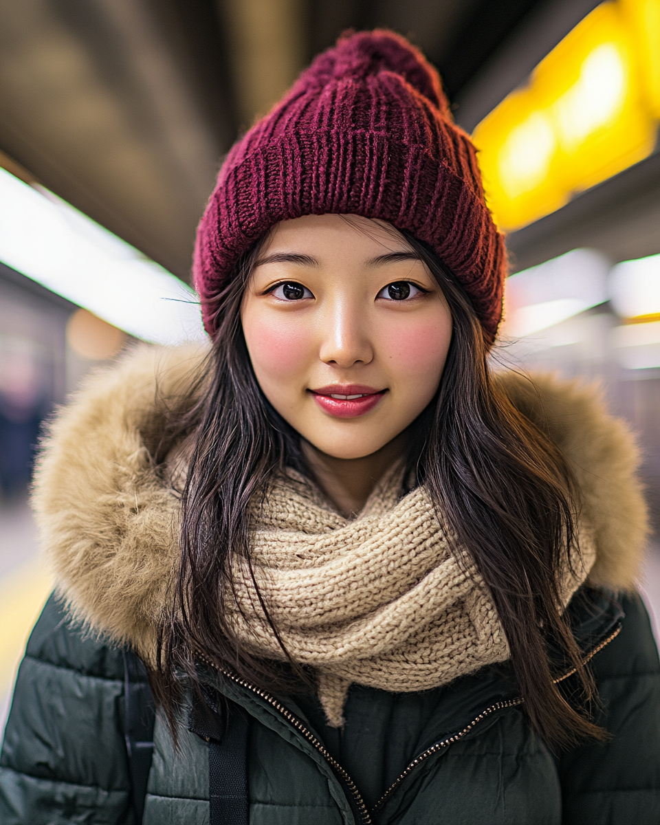 Japanese teenage girl in winter clothes smiles on subway platform.