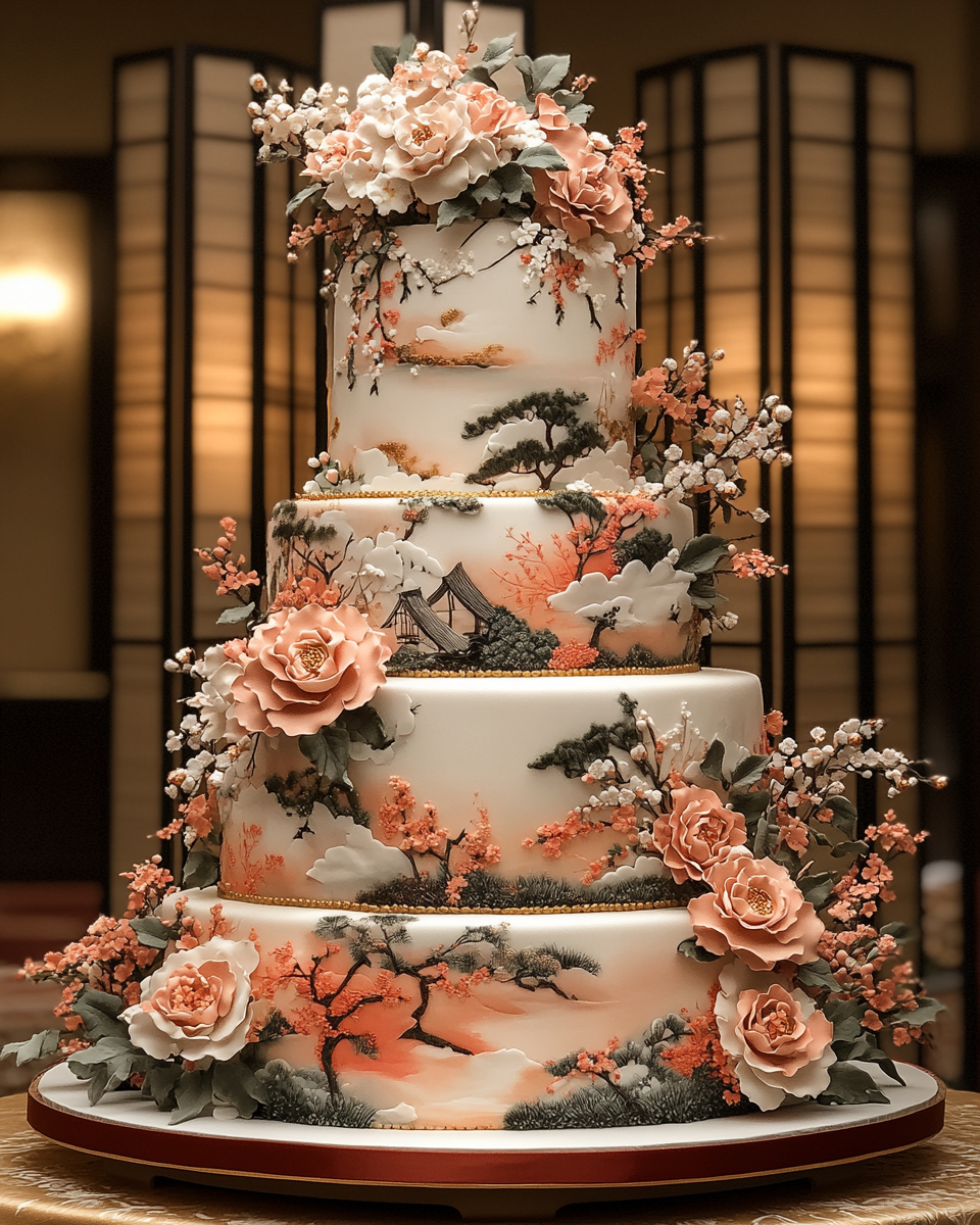 Japanese-themed wedding cake with Kimono design