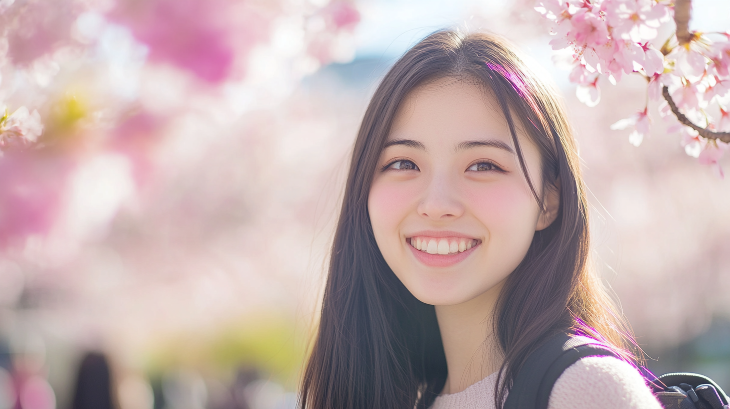 Japanese university student near Nagasaki Peace Park, smiling in sunlight.