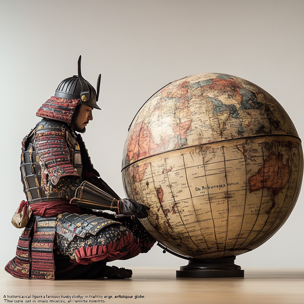 Japanese warlord in armor studying antique globe silently.