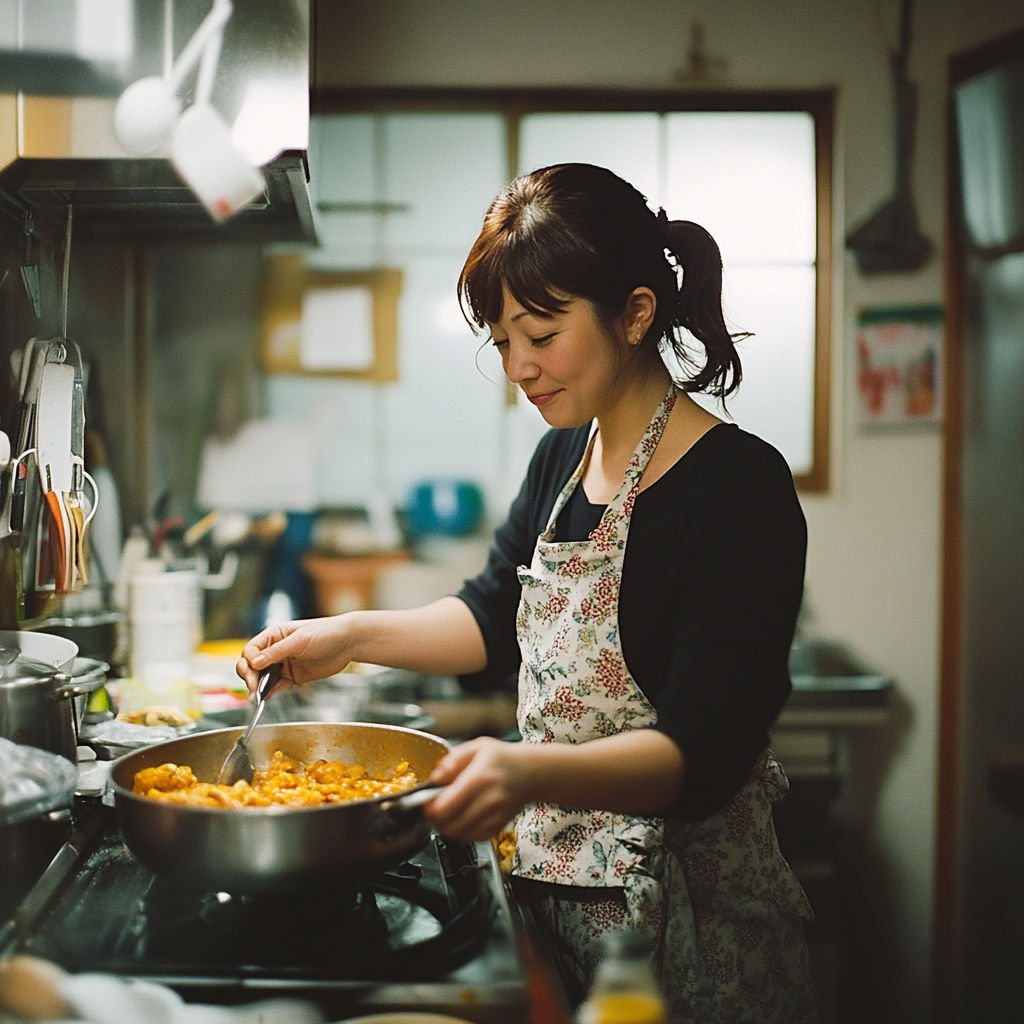 Japanese wife making curry in cozy kitchen, smiling.