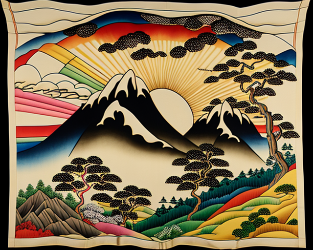 Japanese wilderness tapestry with mountains and forests, ukiyo-e style