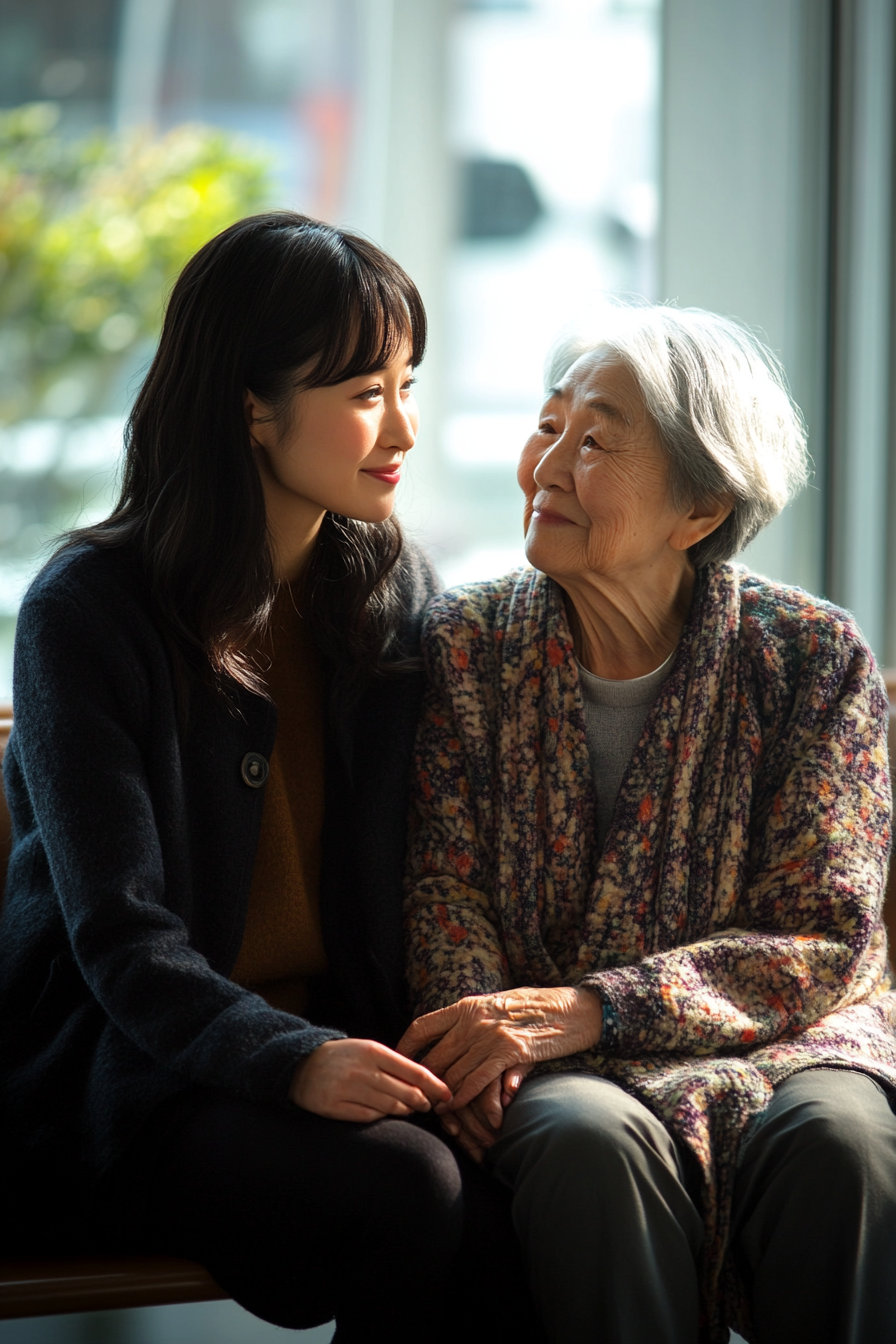 Japanese woman comforting elderly mother in warm hospital room.