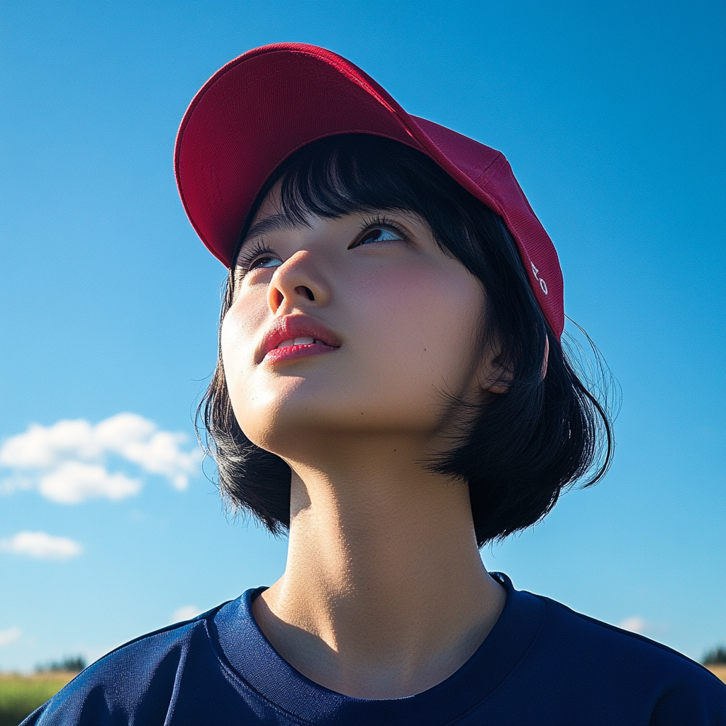 Japanese woman gazes at sky in countryside.