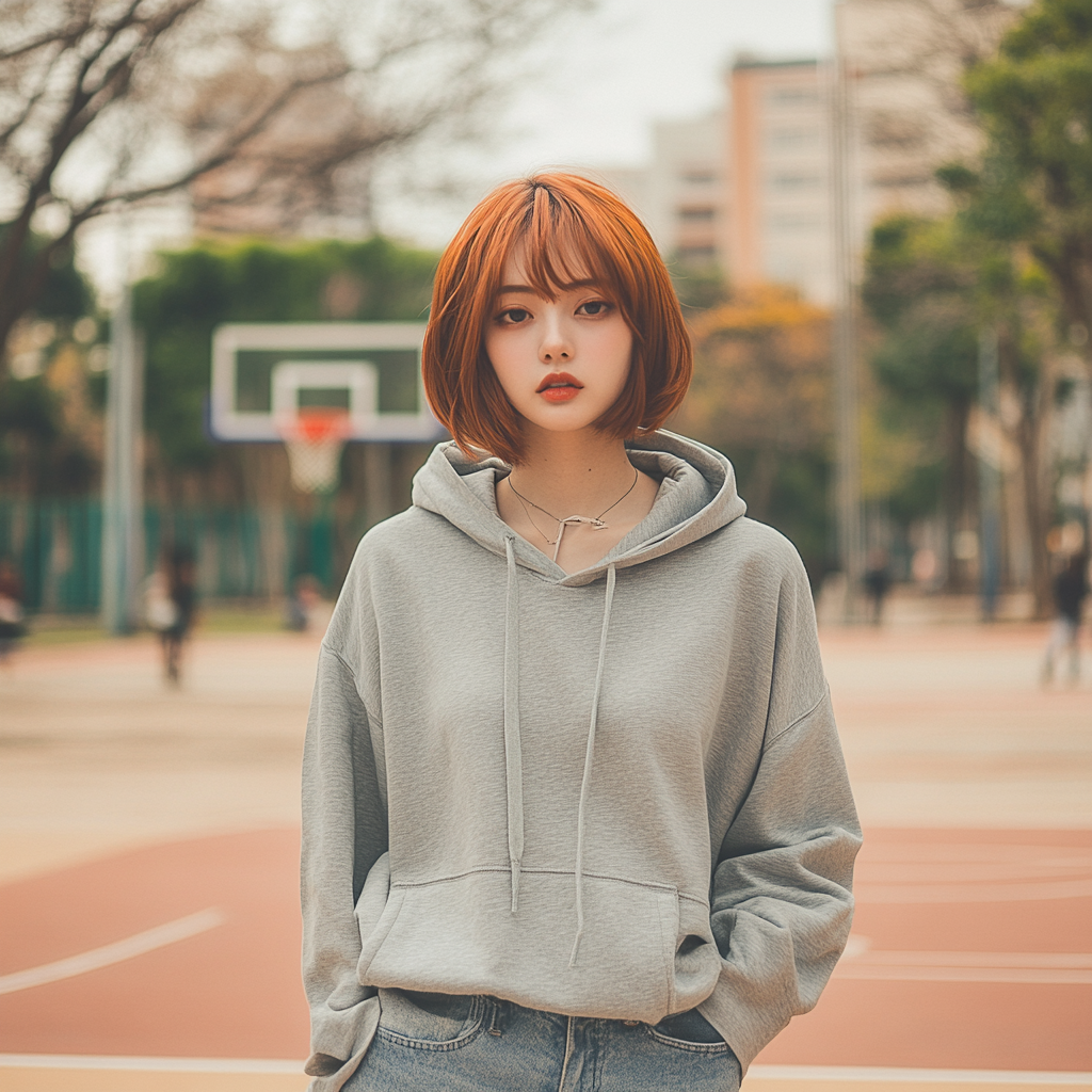 Japanese woman in 20s, photoshoot in park, casual outfit.