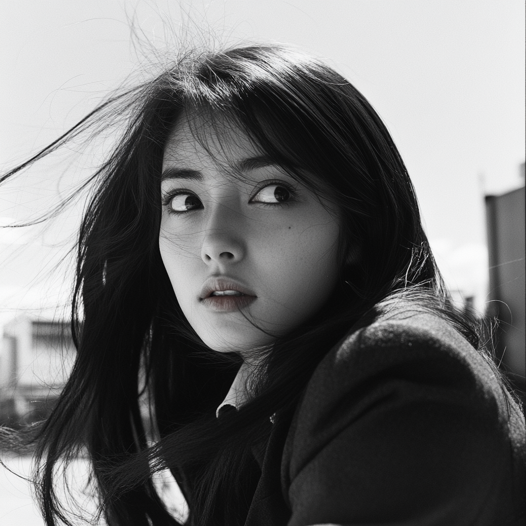 Japanese woman in black jacket, white shirt, black tie.