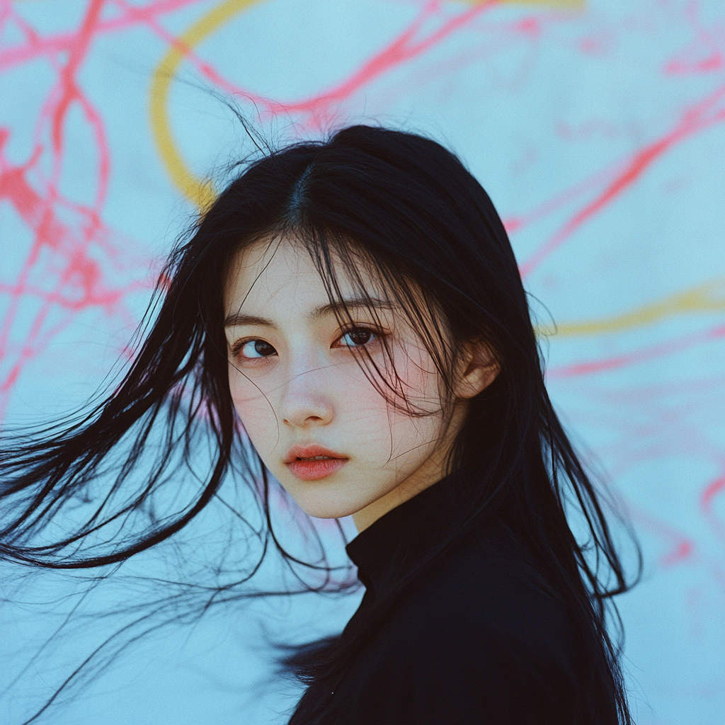 Japanese woman in black shirt with long black hair.