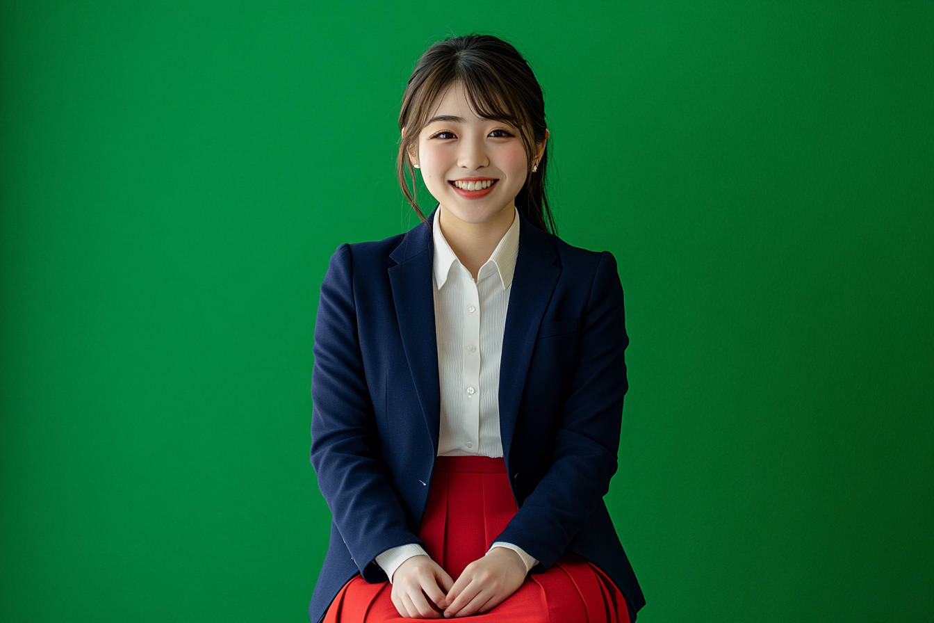 Japanese woman in blue and red outfit smiling happily.