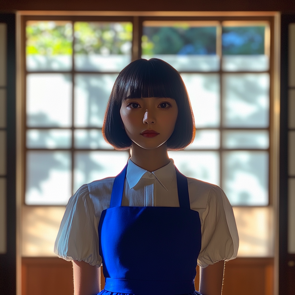 Japanese woman in bright blue dress in sunlight