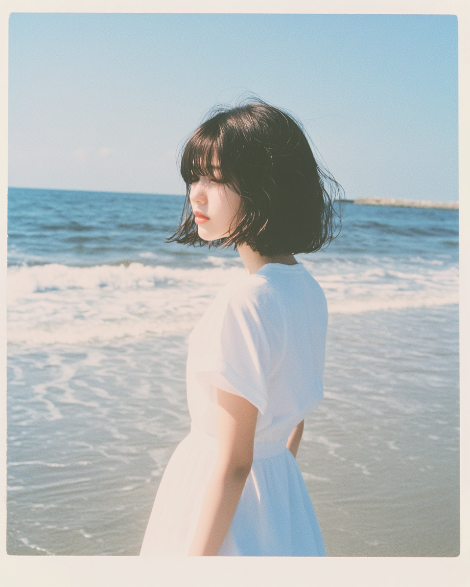 Japanese woman in casual dress standing on coast.