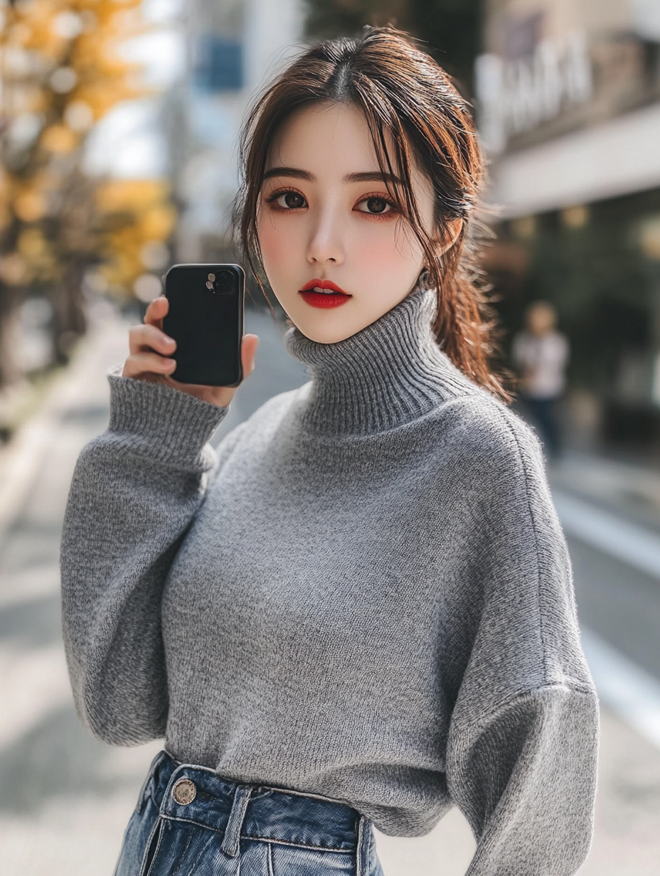 Japanese woman in gray sweater takes selfie on street.