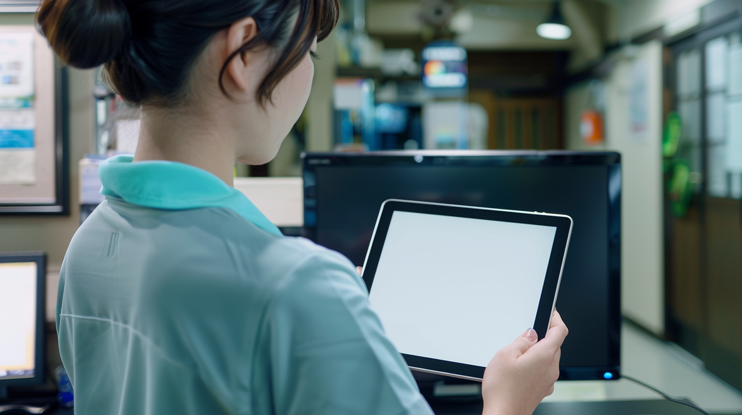 Japanese woman in light blue holding digital tablet.