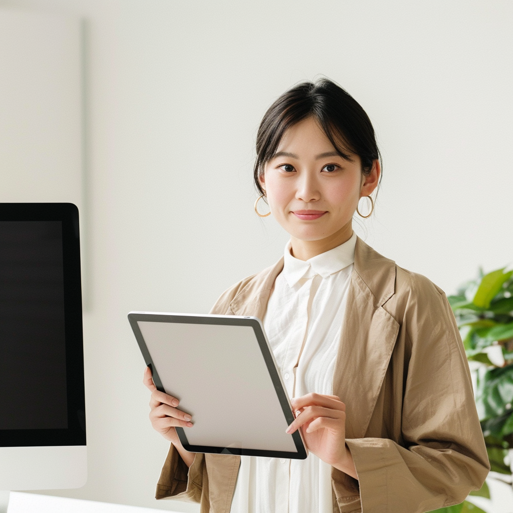 Japanese woman in office holding digital tablet screen.