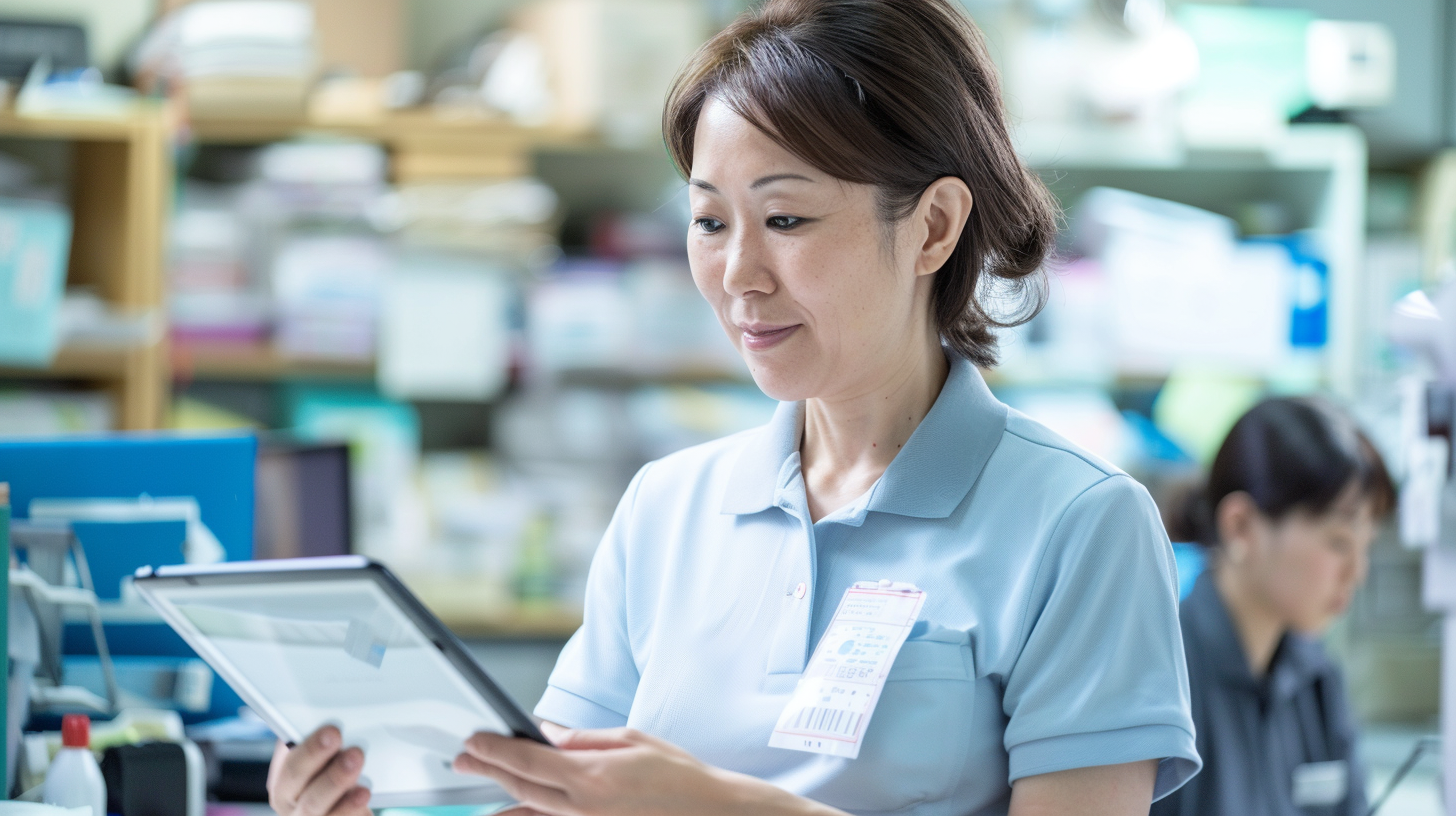 Japanese woman in office with tablet and monitor.