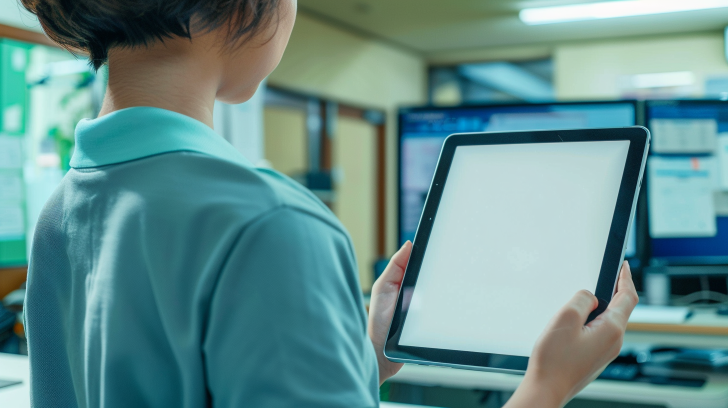 Japanese woman in office with tablet computer and monitor.