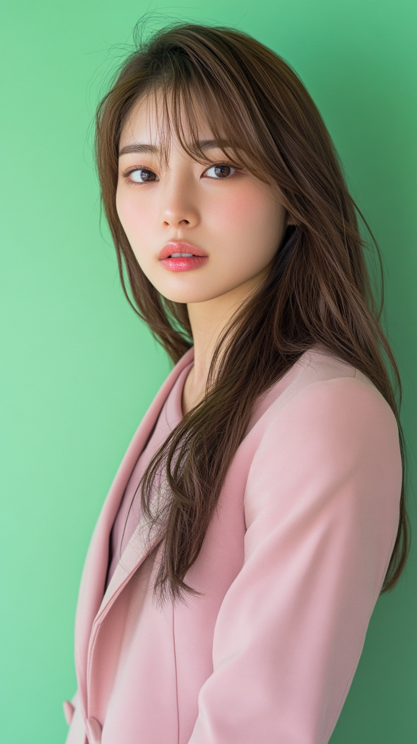 Japanese woman in pink suit with shiny foundation smile