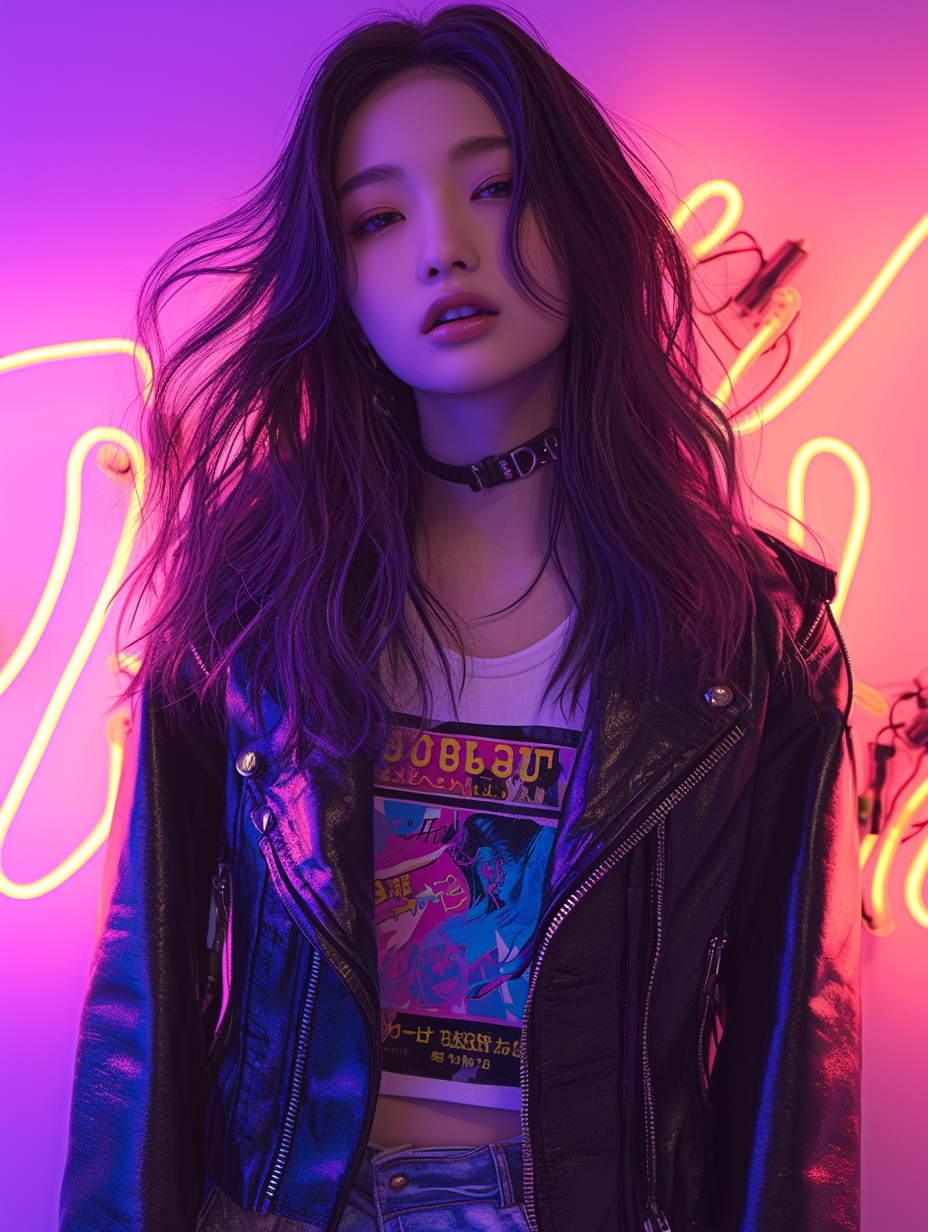 Japanese woman in trendy outfit against neon-lit background.