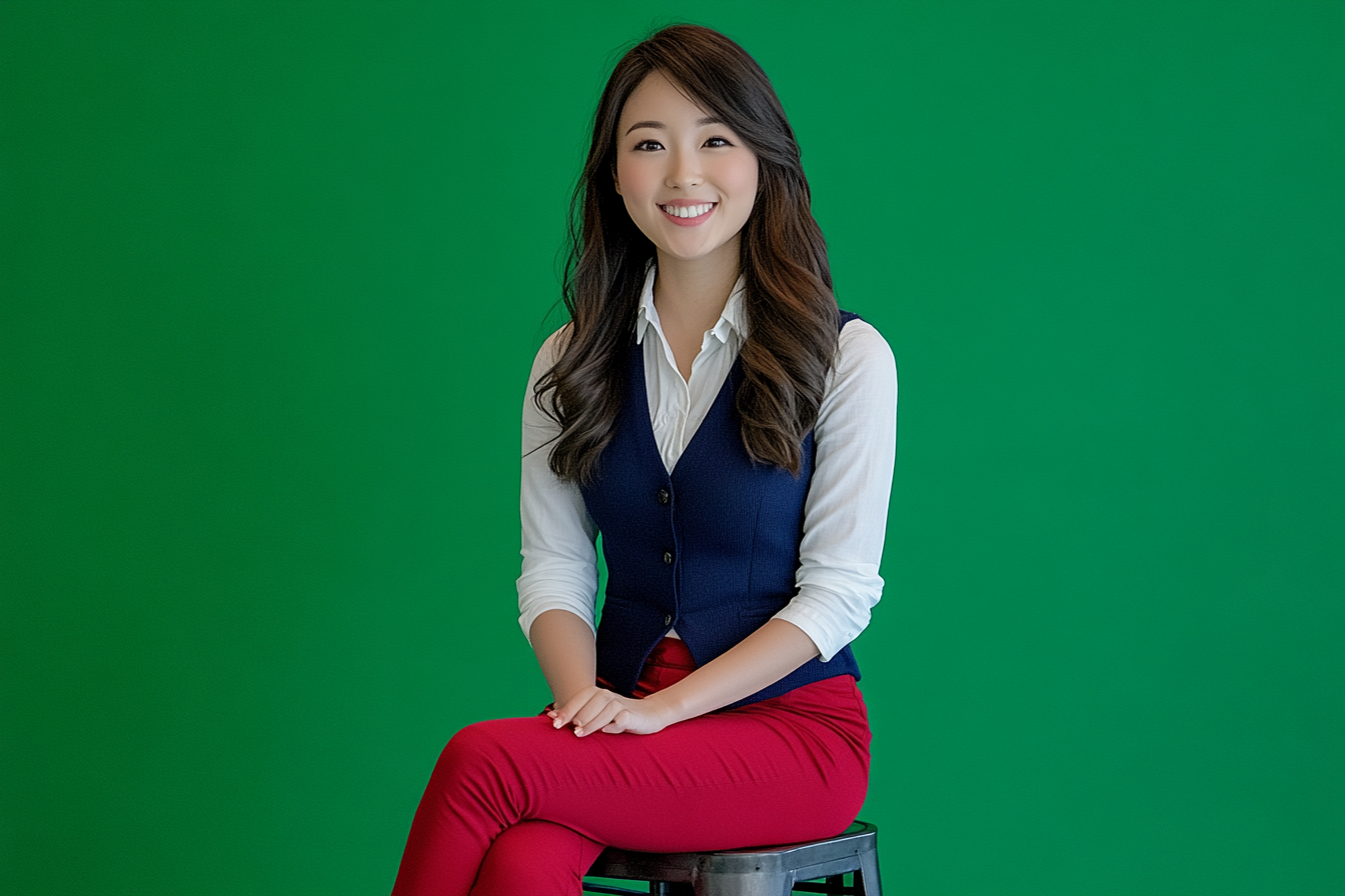 Japanese woman in white blouse, navy vest, red pants.