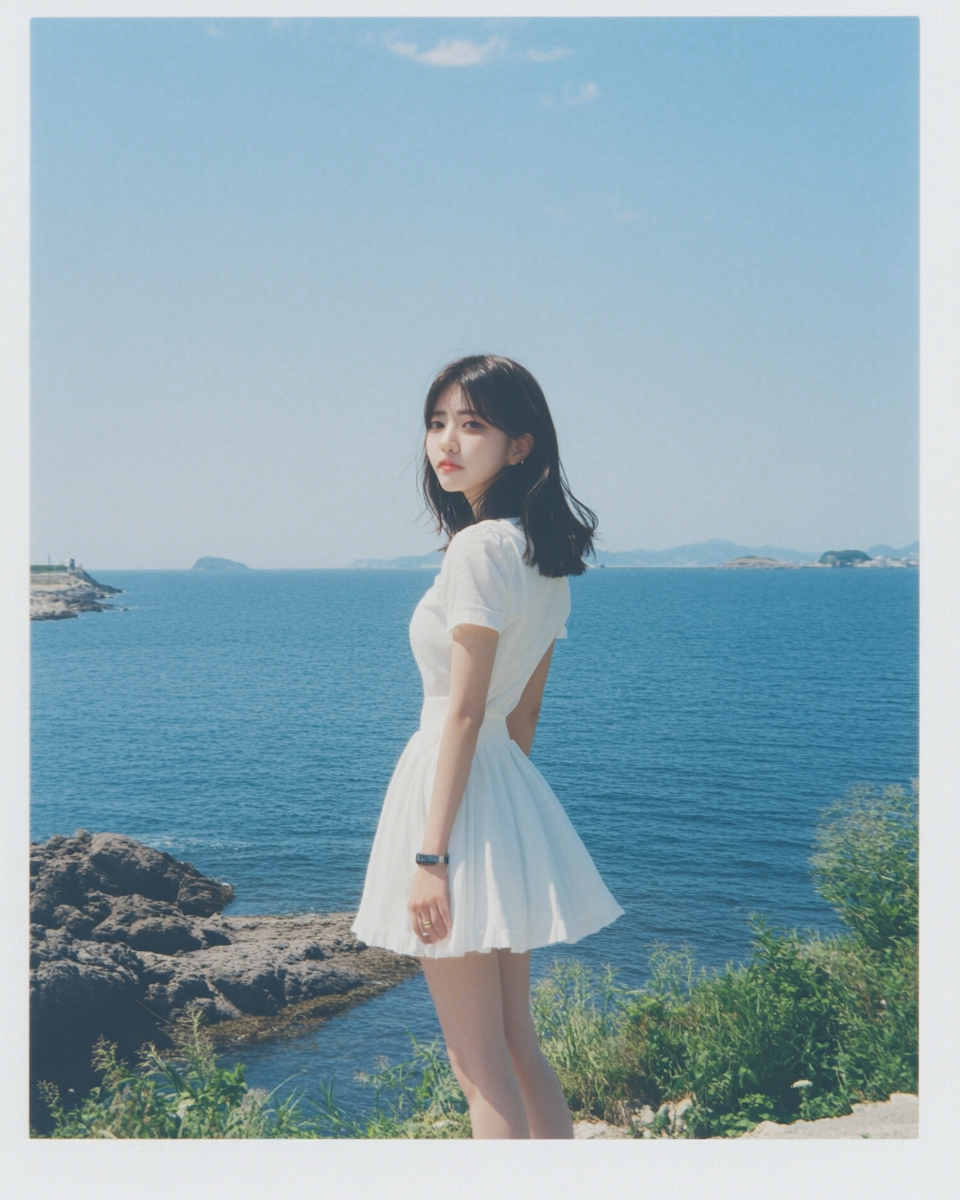 Japanese woman in white dress on beach, posing for photo.