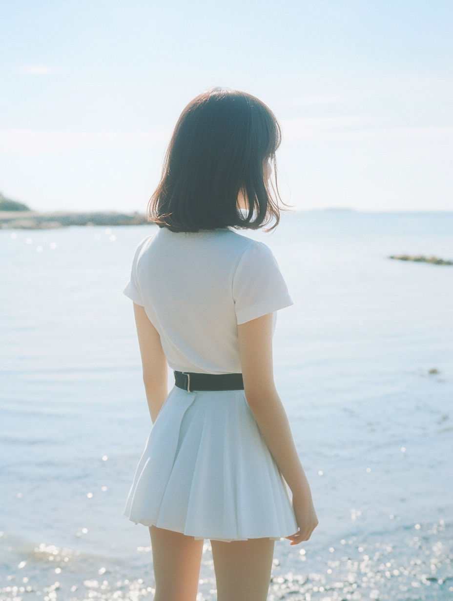 Japanese woman in white dress standing on coast.